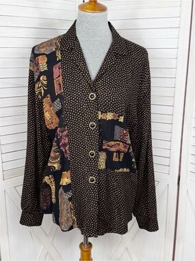 Vintage‎ 80s Connections Polka Dot Printed Patchwork Blouse Black Multi Large